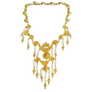 Vintage Gold Bib Necklace Waterfall Pendants Etruscan Revival Maximalist Vendome